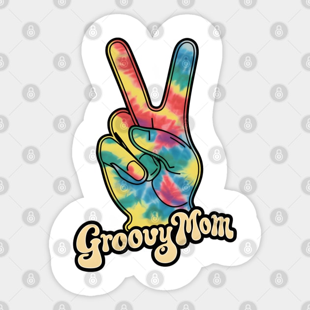 "Groovy Mom Peace Sign Hand Tie-Dye" - Retro Cute Hipster Sticker by stickercuffs